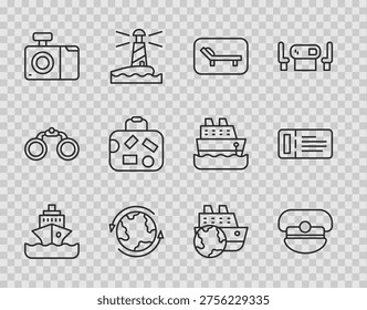 Set line Cruise ship, Captain hat, Sunbed and umbrella, Worldwide, Photo camera, Suitcase,  and ticket icon. Vector