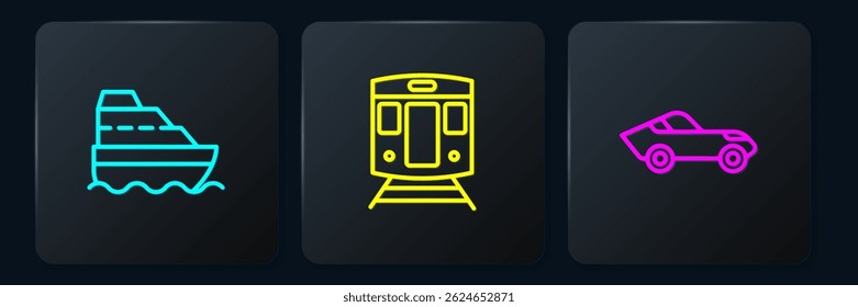 Set line Cruise ship, Car and Train and railway. Black square button. Vector