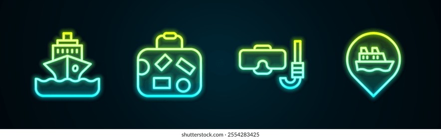 Set line Cruise ship, Suitcase, Diving mask and snorkel and Location with cruise. Glowing neon icon. Vector