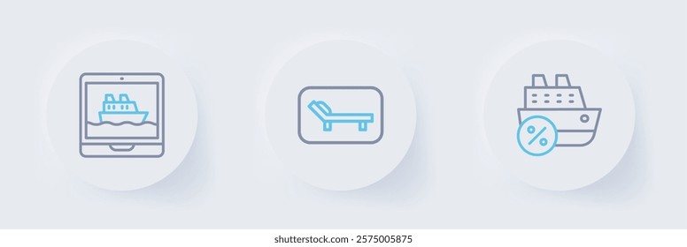 Set line Cruise ship, Sunbed and umbrella and  icon. Vector