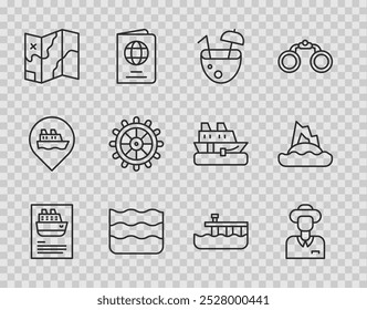 Crucero, turista, cóctel de coco, ola, mapa plegado, volante del barco, muelle de la playa e icono del océano de la isla tropical. Vector