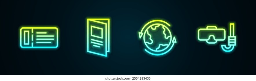 Set line Cruise ticket, Brochure, Worldwide and Diving mask and snorkel. Glowing neon icon. Vector