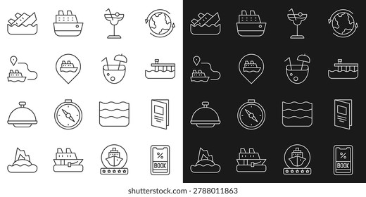 Set line Cruise ticket, Brochure, Beach pier dock, Cocktail, Location with cruise ship, Ship line path, Sinking and Coconut cocktail icon. Vector