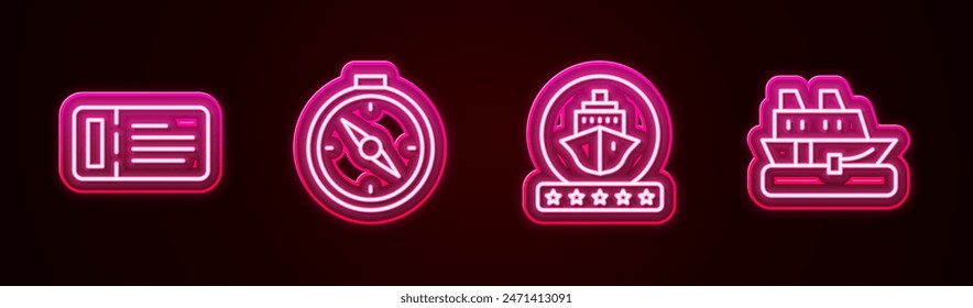 Set line Cruise ticket, Compass, ship and . Glowing neon icon. Vector