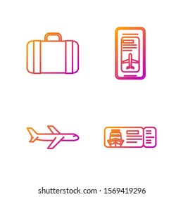Set line Cruise ticket for traveling by ship, Plane, Suitcase for travel and Smartphone with electronic boarding pass airline ticket. Gradient color icons. Vector