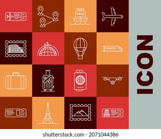 Set line Cruise ticket for traveling by ship, Drone flying with action video camera, Train, Ship, Globe plane, Postal stamp and Coliseum, Airline and Hot air balloon icon. Vector