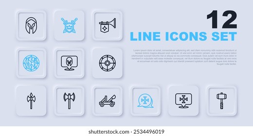 Set line Crusade, Battle hammer, Medieval helmet, Round wooden shield, poleaxe, Shield with swords and catapult icon. Vector