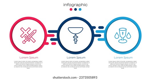 Set line Crusade, Christian cross on chain and chalice. Business infographic template. Vector