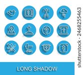 Set line Crusade, Crucifixion of Jesus Christ, Dove, Flag with christian cross, Online church pastor preaching, Grave,  and Christian icon. Vector