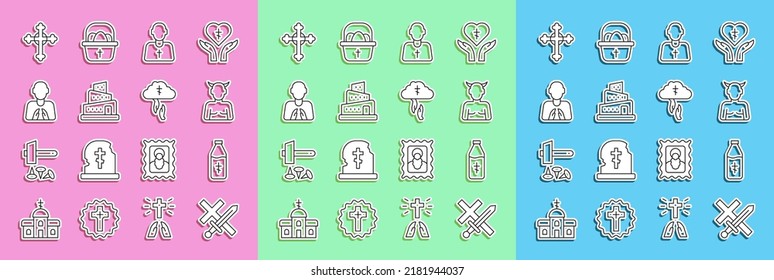 Set line Crusade, Holy water bottle, Krampus, heck, Priest, Babel tower bible story, Hands in praying position, Christian cross and God's helping hand icon. Vector