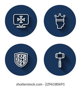 Set line Crusade, King crown, Shield and Battle hammer with long shadow. Blue circle button. Vector