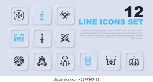 Set line Crusade, King crown, Medieval sword, helmet, Castle, Princess queen, tower and  icon. Vector