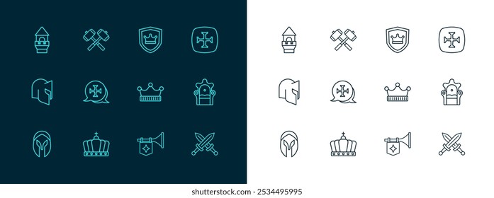 Definir linha Cruzada, Rei coroa, Trompete com bandeira, Escudo, Torre do Castelo e ícone Martelos de batalha cruzados. Vetor