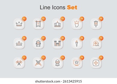 Set line Crusade, King crown, Medieval helmet, Crossed medieval sword, axes, Torch flame and Castle icon. Vector