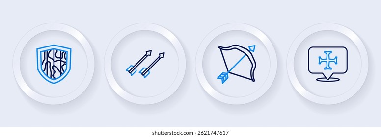 Definir linha Cruzada, arco e seta medieval, setas e ícone Escudo. Vetor