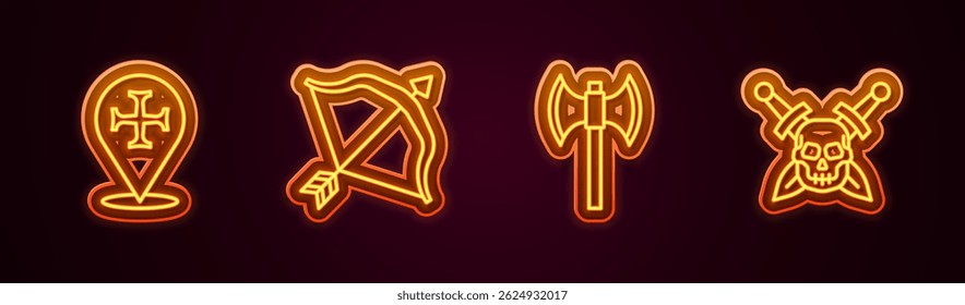 Definir linha Cruzada, arco e seta Medieval, poléx e Caveira com espada. Ícone de néon brilhante. Vetor