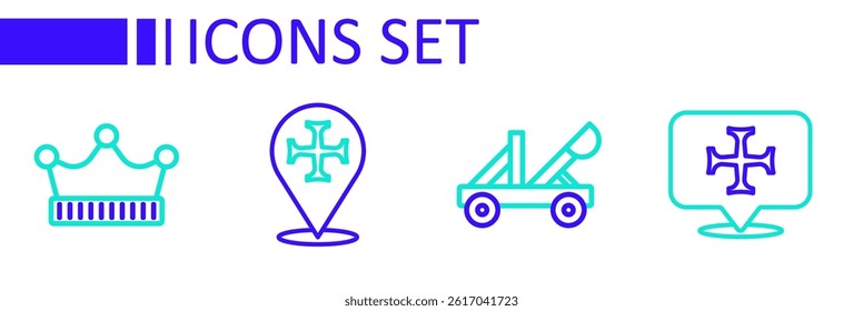 Set line Crusade, Medieval catapult,  and King crown icon. Vector
