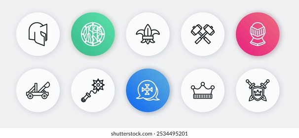 Set line Crusade, Medieval helmet, catapult, King crown, Crossed battle hammers, Fleur lys or lily flower, Shield with swords and Mace spikes icon. Vector