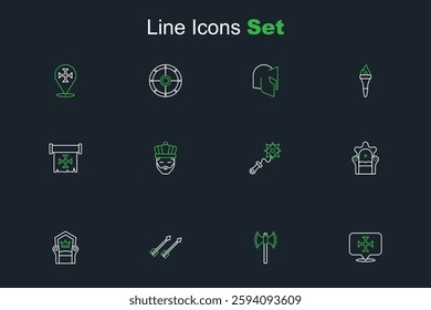 Set line Crusade, Medieval poleaxe, arrows, throne, Mace with spikes, King crown and  icon. Vector