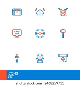 Set line Crusade, Medieval throne, Torch flame, Battle hammer, King crown, Round shield, Shield with swords and Viking horned helmet icon. Vector