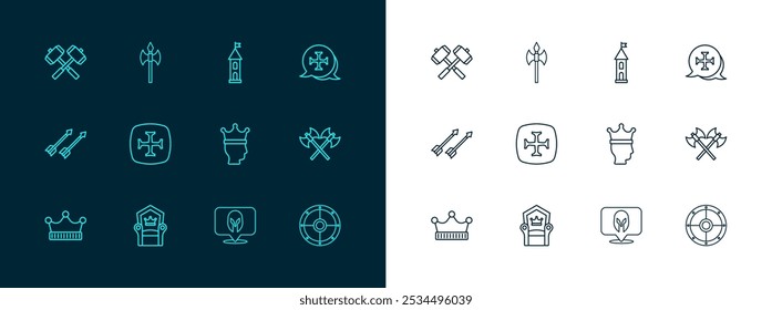 Línea de juego Cruzada, trono medieval, corona del rey, casco, torre del castillo, martillos de batalla cruzados e icono de hacha. Vector