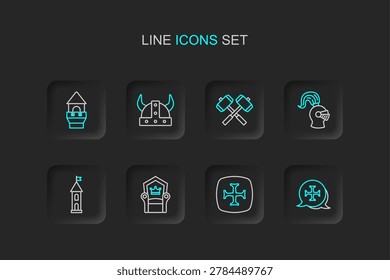Set line Crusade, Medieval throne, Castle tower, helmet, Crossed battle hammers, Viking in horned and  icon. Vector
