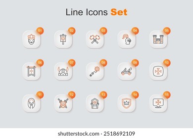 Set Linie Kreuzzug, Schild mit Krone, mittelalterlichen Thron, Schwerter, Helm, Katapult und Mace Spikes Symbol. Vektorgrafik