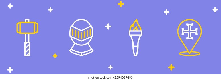 Set line Crusade, Torch flame, Medieval helmet and Battle hammer icon. Vector
