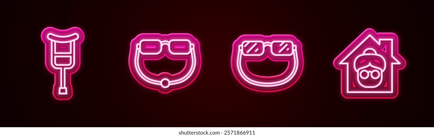 Set line Crutch or crutches, Eyeglasses,  and Nursing home. Glowing neon icon. Vector