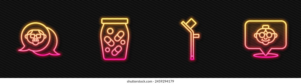 Set line Crutch or crutches, Grandfather, Medicine bottle pills and Grandmother. Glowing neon icon. Vector