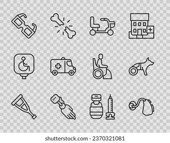 Set-Line-Crutch oder Krücken, Hörhilfe, Elektrischer Rollstuhl, Prothese-Hand, Brille, Notwagen, Spritze und Hund-Symbol. Vektorgrafik