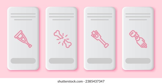 Set line Crutch or crutches, Human broken bone, Prosthesis leg and hand. White rectangle button. Vector