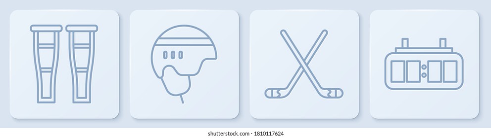 Set line Crutch or crutches, Ice hockey sticks, Hockey helmet and Hockey mechanical scoreboard. White square button. Vector