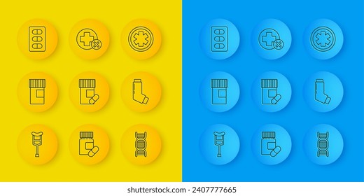 Set line Crutch or crutches, Medicine bottle, and pills, DNA symbol, Inhaler, Pills blister pack, Medical of the Emergency and Cross hospital medical icon. Vector