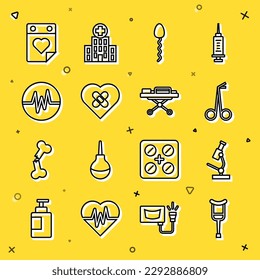 Set line Crutch or crutches, Microscope, Medical scissors, Sperm, Healed broken heart, Heart rate, Doctor appointment and Stretcher icon. Vector