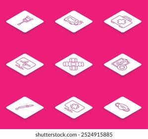 Set line Crutch or crutches, Ultrasound, First aid kit, Heart rate, Crossed bandage plaster, Patient record, Pipette and Location hospital icon. Vector