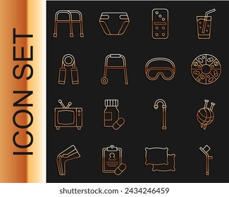 Set line Crutch or crutches, Yarn ball with knitting needles, Vitamin pill, Domino, Walker, Sport expander,  and Eye sleep mask icon. Vector