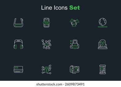 Set line Cryogenic capsules, Motherboard, Cyber security, Credit card, Radioactive warning lamp, Neural network and Headphones icon. Vector