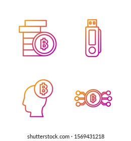 Set line Cryptocurrency bitcoin in circle with microchip circuit, Bitcoin think, Cryptocurrency coin Bitcoin and USB flash drive. Gradient color icons. Vector