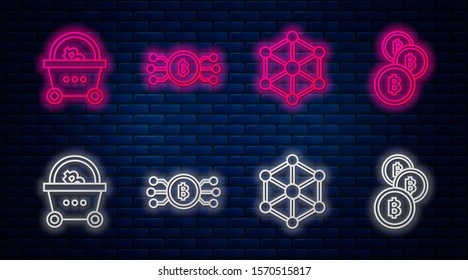 Set line Cryptocurrency bitcoin in circle with microchip circuit, Blockchain technology, Shopping basket with bitcoin and Cryptocurrency coin Bitcoin. Glowing neon icon on brick wall. Vector