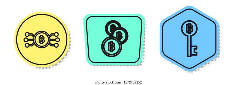 Set line Cryptocurrency bitcoin in circle with microchip circuit, Cryptocurrency coin Bitcoin and Cryptocurrency Bitcoin key. Colored shapes. Vector