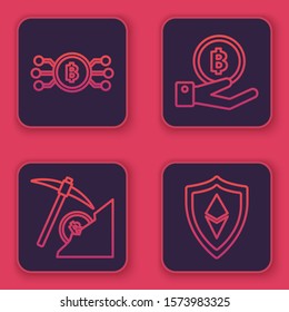 Set line Cryptocurrency bitcoin in circle with microchip circuit, Cryptocurrency cloud mining, Hand holding Bitcoin and Shield Ethereum ETH. Blue square button. Vector