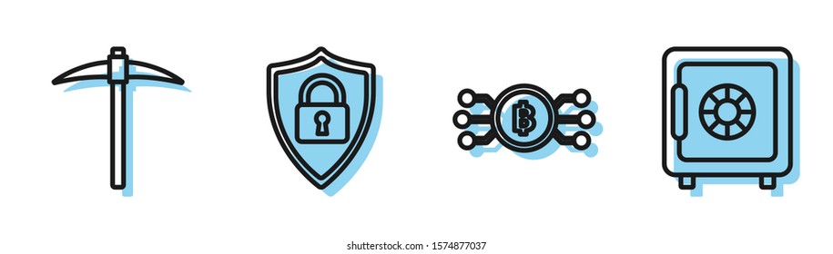 Set line Cryptocurrency bitcoin in circle with microchip circuit, Pickaxe, Shield security with lock and Safe icon. Vector