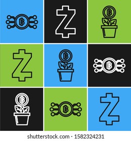 Set line Cryptocurrency bitcoin in circle with microchip circuit, Bitcoin plant in the pot and Cryptocurrency coin Zcash ZEC icon. Vector