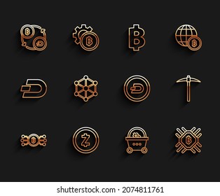 Set-line Cryptowährung Bitcoin im Kreis mit Mikrochip-Schaltung, Zcash ZEC, Austausch, Warenkorb, CPU-Minen-Bauernhof, Blockchain-Technologie, Pickaxe und Dash-Symbol. Vektorgrafik