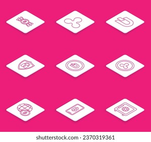 Set line Cryptocurrency bitcoin in circle with microchip circuit, Ripple XRP, Dash, Shield security lock, Globe and cryptocurrency Bitcoin and Phone mobile icon. Vector