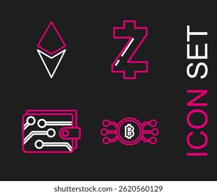 Set line Cryptocurrency bitcoin in circle with microchip circuit, wallet, Zcash ZEC and Ethereum ETH icon. Vector