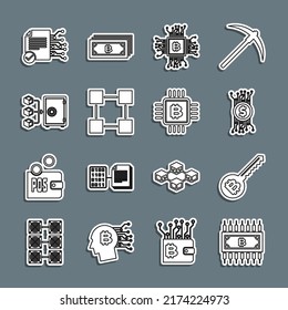 Set line Cryptocurrency bitcoin with circuit, key, CPU mining farm, Blockchain technology, Proof of stake, Smart contract and  icon. Vector