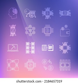 Ajuste la línea de bitcoin Cryptocurrency con circuito, Procesador, cartera, granja de minería de CPU, tecnología Blockchain, Cerebro como placa digital e icono. Vector