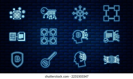 Fijar línea Cryptocurrency bitcoin en circuito, contrato inteligente, distribución, tecnología Blockchain, ASIC Miner, pensamiento de bitcoin e icono de clave. Vector